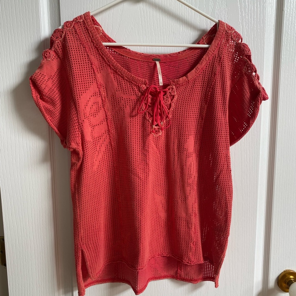 Free People Crochet Knit Short Sleeve Shirt